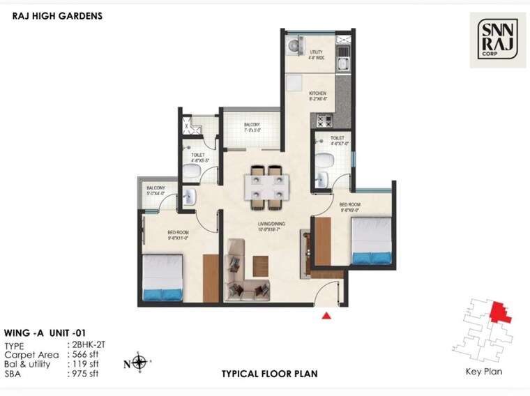 Floor Plan, snn-raj-high-gardens 2 Bedroom 985 Sq.Ft. Apartment In Hosur Road Bangalore 9923436