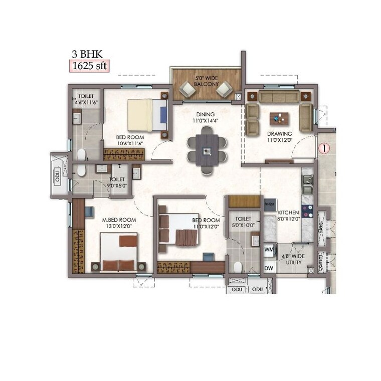 Floor Plan, vision-arsha 3 Bedroom 1625 Sq.Ft. Apartment In Tellapur Hyderabad 10435595