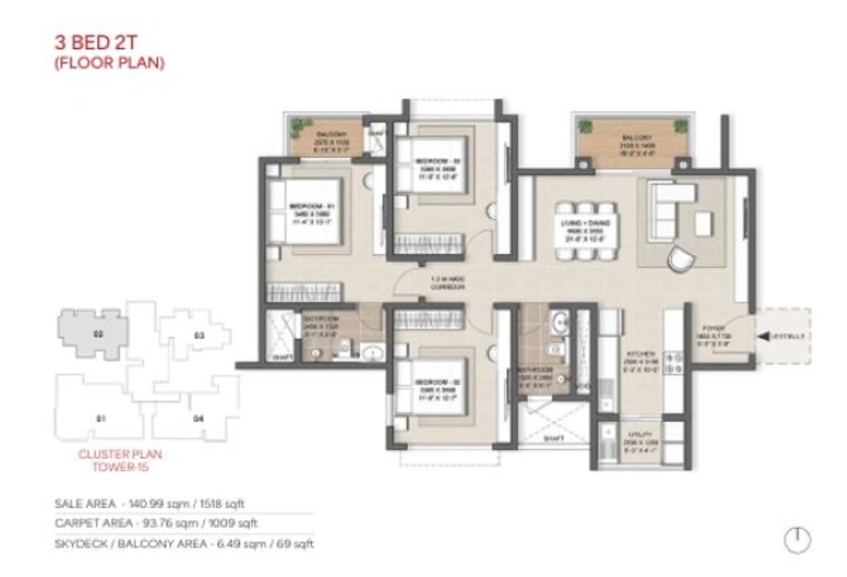 Floor Plan, nambiar-district-25 3 Bedroom 1518 Sq.Ft. Apartment In Dommasandra Bangalore 10599371