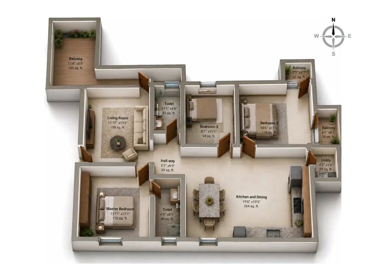 Floor Plan, myhna-maple 3 Bedroom 1540 Sq.Ft. Apartment In Varthur Bangalore 10610573