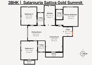 Floor Plan in 3 BHK Apartment at Salarpuria Gold Summit, Hennur – for Sale