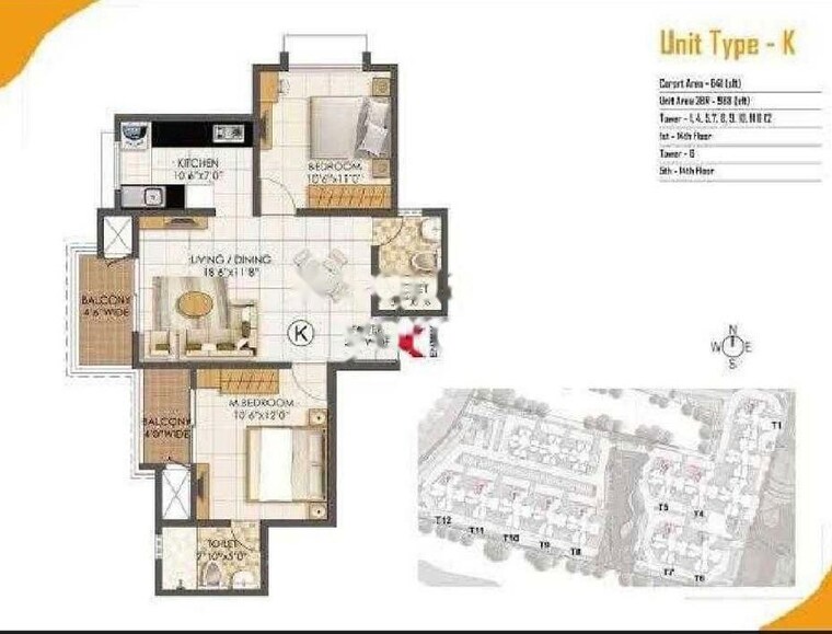 Floor Plan, prestige-primrose-hills 2 Bedroom 1000 Sq.Ft. Apartment In Banashankari 6th Stage Bangalore 10620123