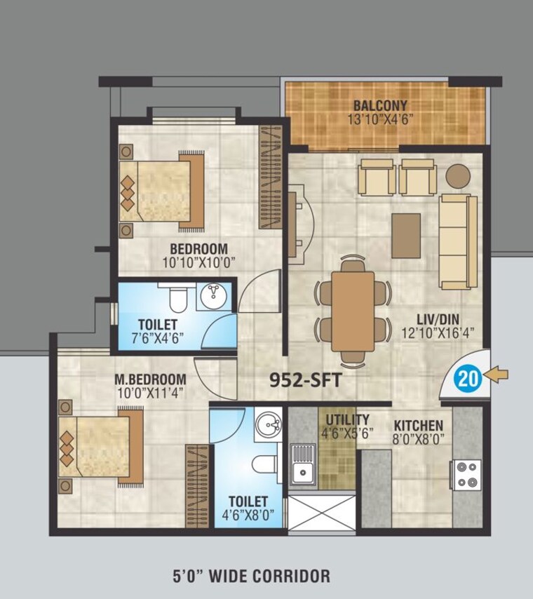 Floor Plan, whitefield 2 Bedroom 1000 Sq.Ft. Apartment In Whitefield Bangalore 10624815