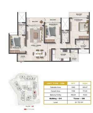 Floor Plan in 3.5 BHK Apartment at Prestige Evergreen, Whitefield – for Sale