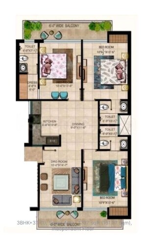 Floor Plan in 3 BHK Apartment at Green Valley Residencia, Ghazipur – for Sale