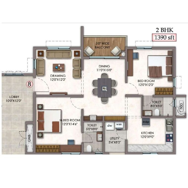 Floor Plan, vision-arsha 2 Bedroom 1390 Sq.Ft. Apartment In Tellapur Hyderabad 10436268