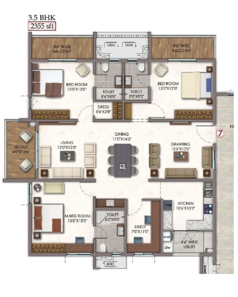 Floor Plan, vision-arsha 3.5 Bedroom 2355 Sq.Ft. Apartment In Tellapur Hyderabad 10435976