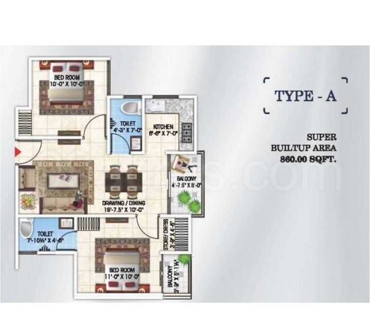 Floor Plan, apeksha-gokul-vatika 2 Bedroom 860 Sq.Ft. Apartment In Gandhi Path Jaipur 10629201
