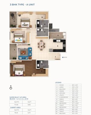 Floor Plan in 3 BHK Apartment at Gunjur Palya – for Sale