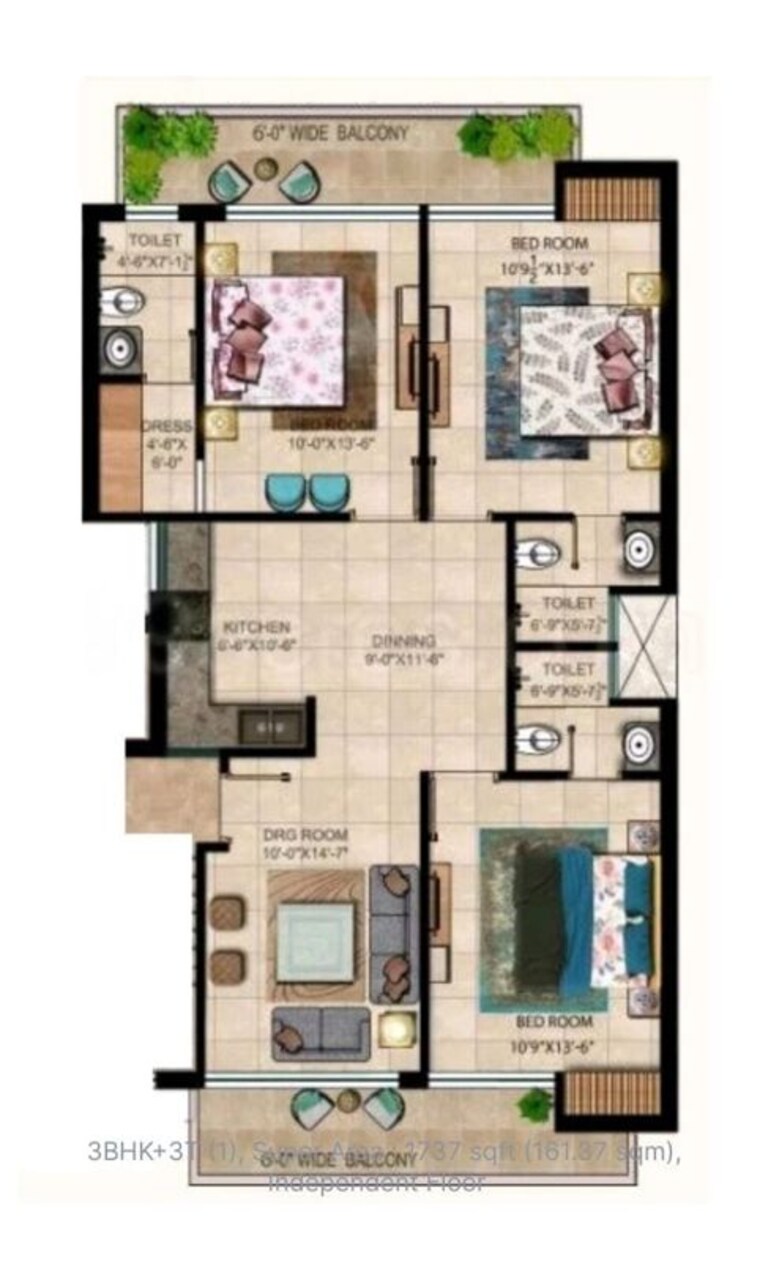Floor Plan, green-valley-residencia 3 Bedroom 1737 Sq.Ft. Apartment In Ghazipur Zirakpur 10637209