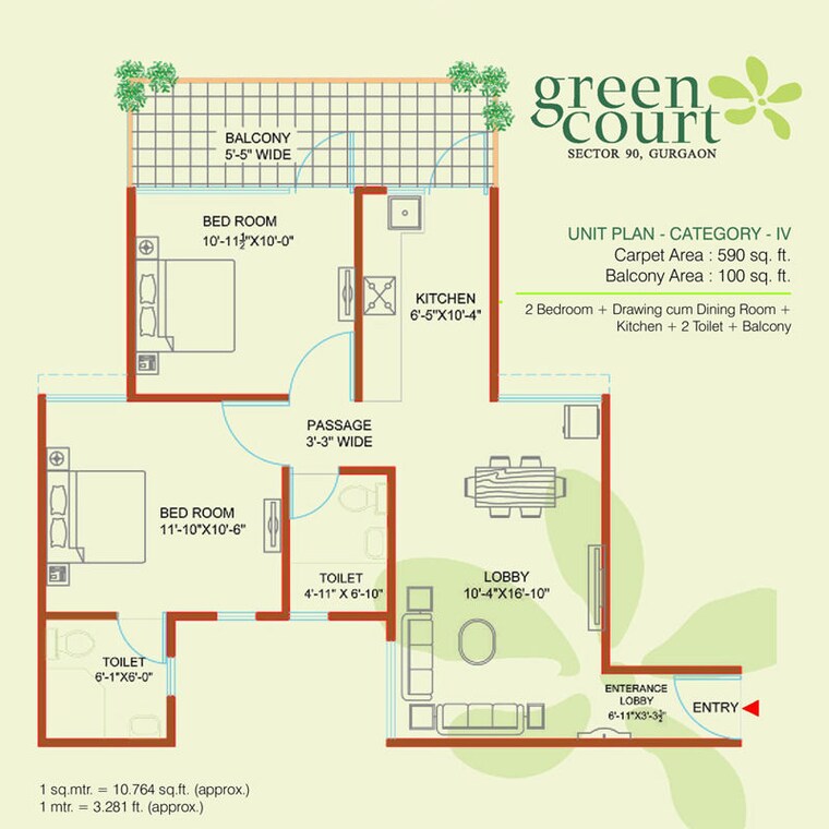 Floor Plan, shree-vardhman-green-court 2 Bedroom 1000 Sq.Ft. Apartment In Sector 90 Gurgaon 10640868