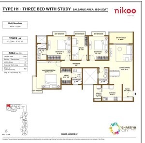Floor Plan in 3.5 BHK Apartment at Bhartiya City Nikoo Homes 4, Thanisandra Main Road – for Rent