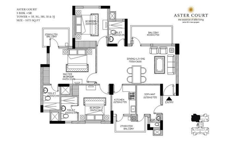 Floor Plan, orris-aster-court 3 Bedroom 1675 Sq.Ft. Apartment In Sector 85 Gurgaon 10655801