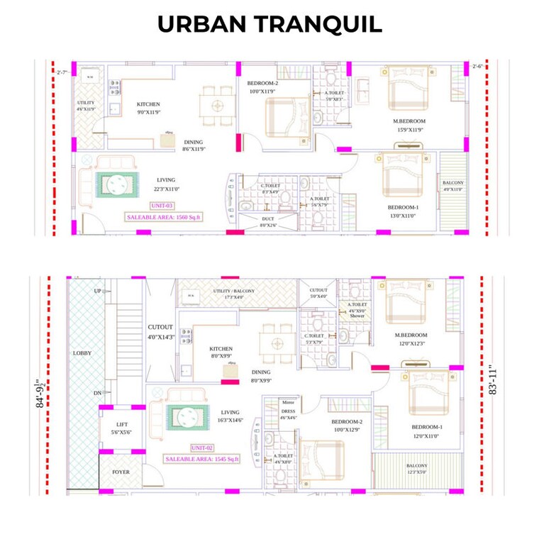 Floor Plan, sankalp-aspire 3 Bedroom 1545 Sq.Ft. Apartment In Anjanapura Bangalore 10658552