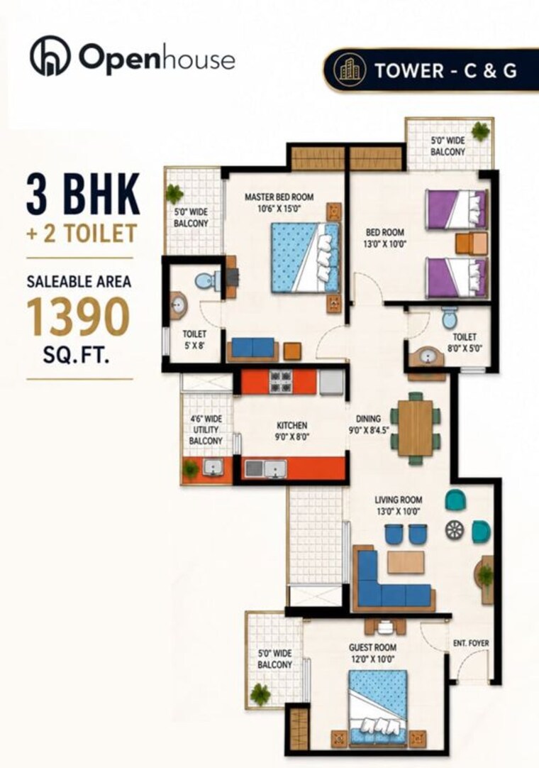 Floor Plan, amrapali-sapphire 3 Bedroom 1390 Sq.Ft. Apartment In Sector 45 Noida 10662901