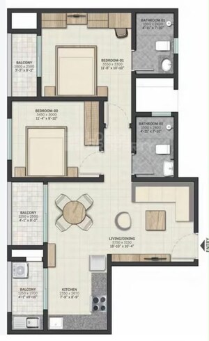 Floor Plan in 2 BHK Apartment at Sobha Dream Gardens, Thanisandra Main Road – for Sale