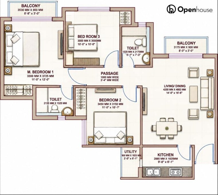 Floor Plan, paras-tierea 3 Bedroom 1285 Sq.Ft. Apartment In Sector 137 Noida 10666045