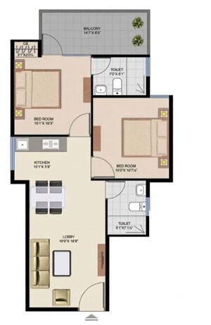 Floor Plan in 2 BHK Apartment at Suncity Avenue 102, Sector 102 – for Sale