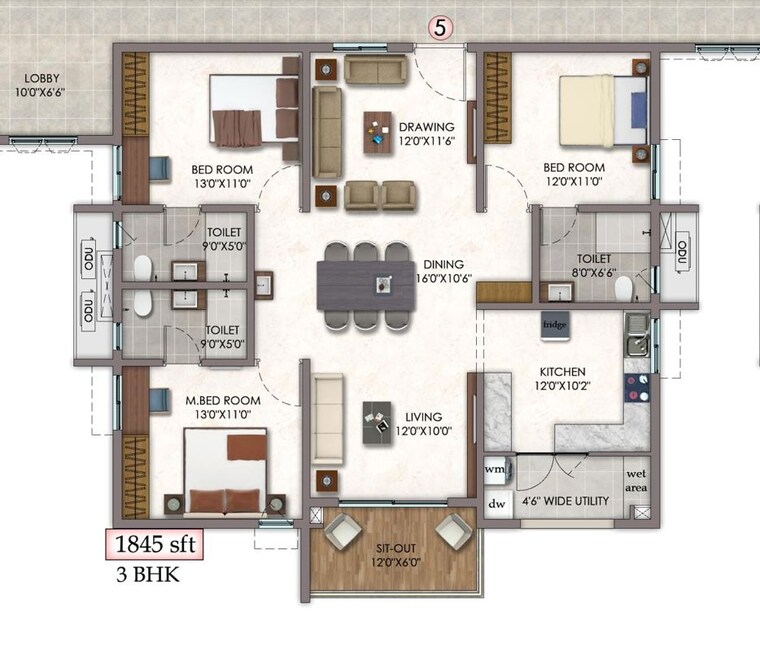 Floor Plan, vision-arsha 3 Bedroom 1845 Sq.Ft. Apartment In Tellapur Hyderabad 10670695
