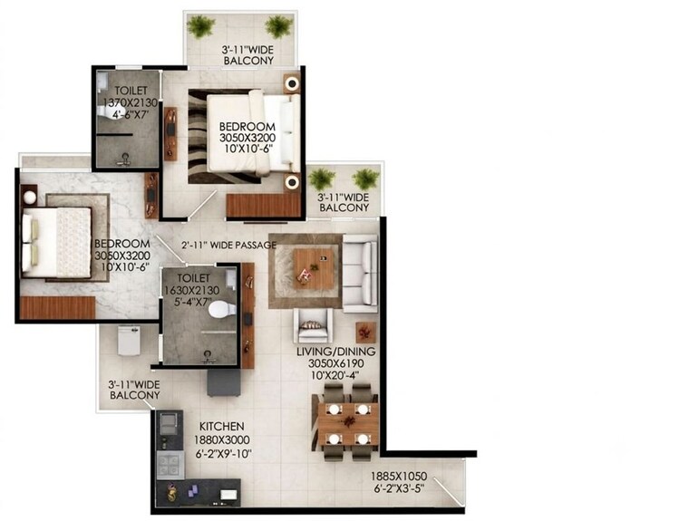 Floor Plan, signature-global-the-millennia 2 Bedroom 596 Sq.Ft. Apartment In Sector 37d Gurgaon 10672515