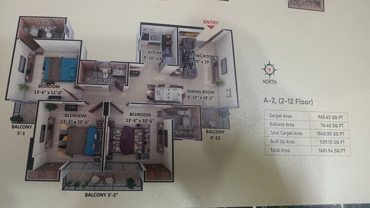 Floor Plan, naini 3 Bedroom 1139 Sq.Ft. Apartment In Naini Allahabad 10673916