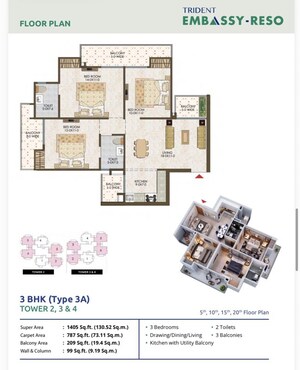 Floor Plan in 3.5 BHK Apartment at Trident Embassy Reso, Sector 1 Greater Noida – for Sale