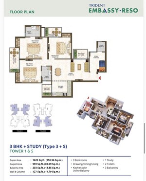 Floor Plan in 3 BHK Apartment at Trident Embassy Reso, Sector 1 Greater Noida – for Sale