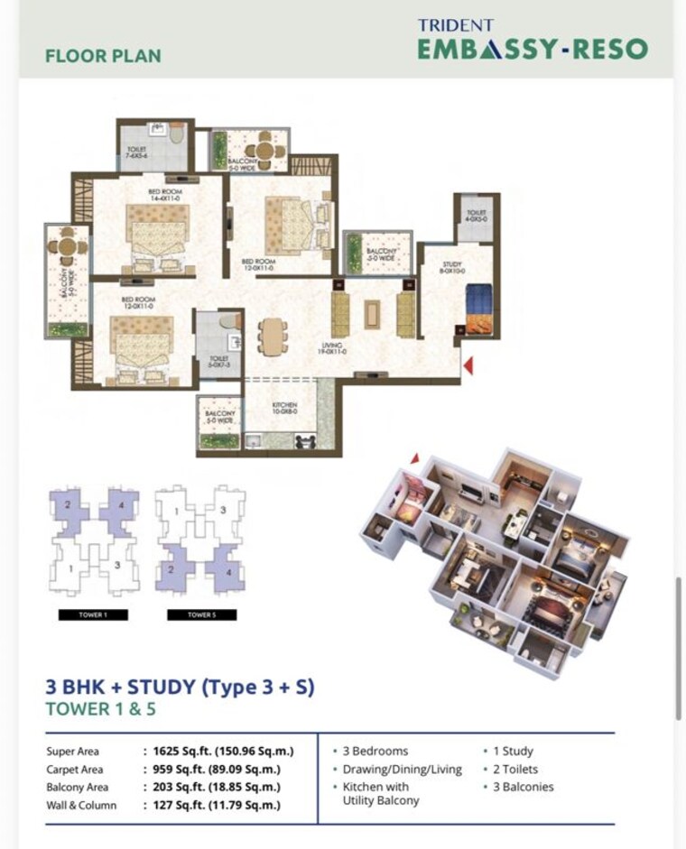 Floor Plan, trident-embassy-reso 3 Bedroom 1655 Sq.Ft. Apartment In Sector 1 Greater Noida Greater Noida 10673997
