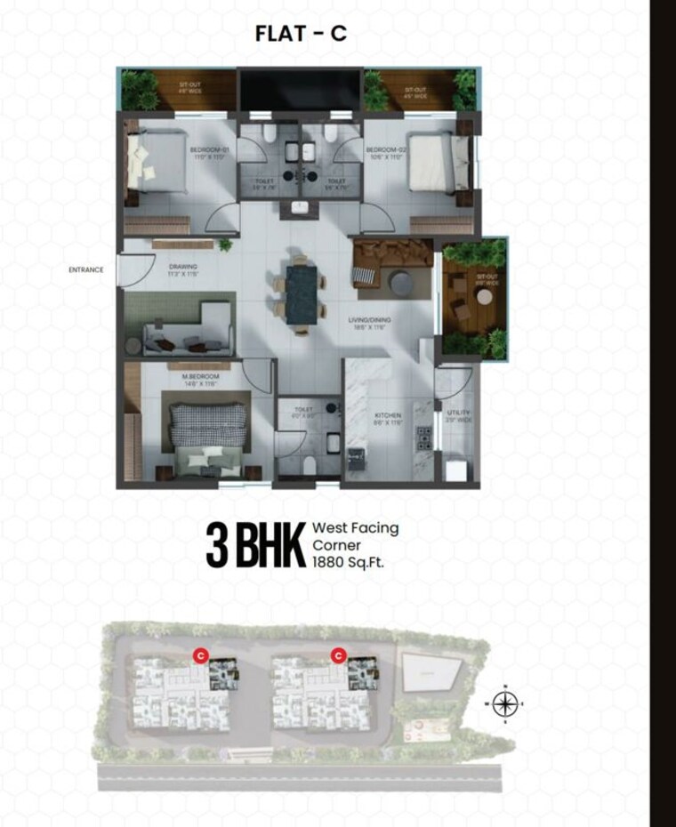 Floor Plan, vian-mrida 3 Bedroom 1740 Sq.Ft. Apartment In Kollur Hyderabad 10678952