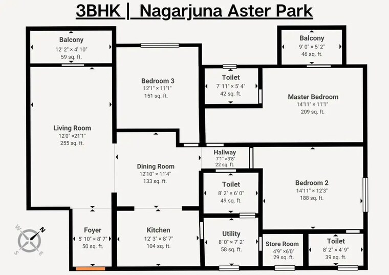 Floor Plan, nagarjuna-aster-park 3 Bedroom 1839 Sq.Ft. Apartment In Yelahanka New Town Bangalore 10679693