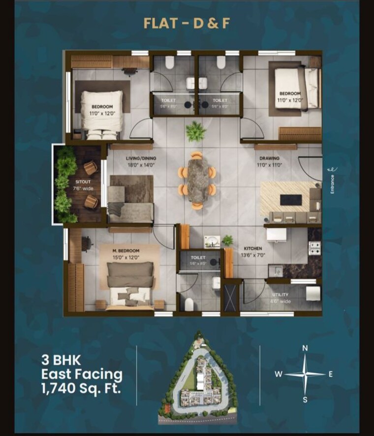 Floor Plan, vian-mrida 3 Bedroom 1740 Sq.Ft. Apartment In Kollur Hyderabad 10679946