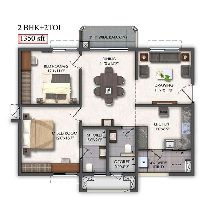 Floor Plan, mallampet 2 Bedroom 1350 Sq.Ft. Apartment In Mallampet Hyderabad 10693168