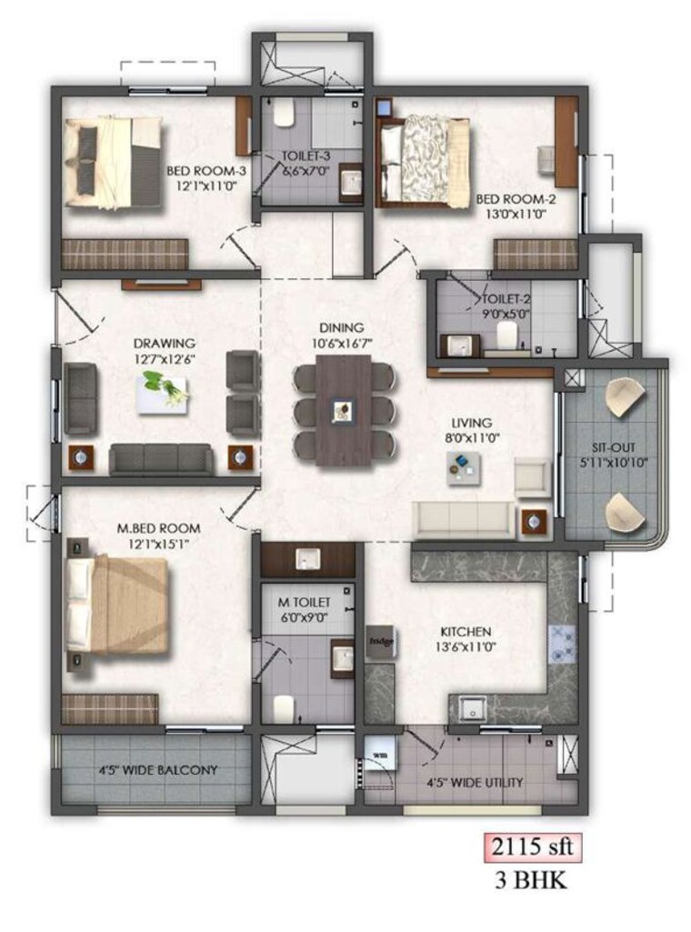 Floor Plan, mallampet 2 Bedroom 1350 Sq.Ft. Apartment In Mallampet Hyderabad 10693168