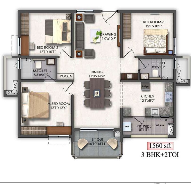 Floor Plan, mallampet 2 Bedroom 1350 Sq.Ft. Apartment In Mallampet Hyderabad 10693168