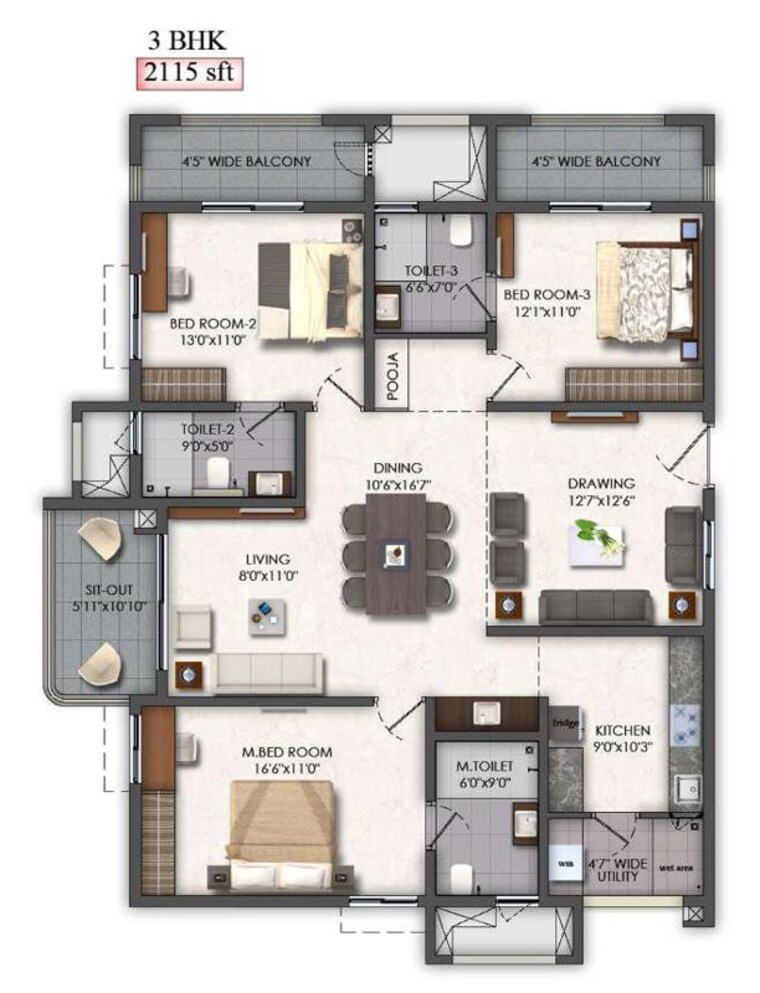 Floor Plan, mallampet 2 Bedroom 1350 Sq.Ft. Apartment In Mallampet Hyderabad 10693168
