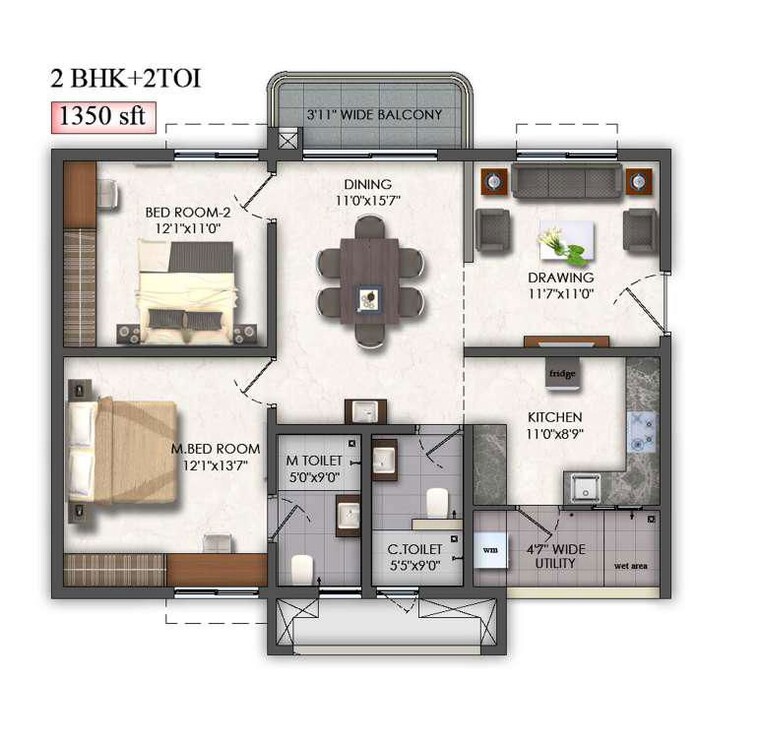 Floor Plan, mallampet 2 Bedroom 1350 Sq.Ft. Apartment In Mallampet Hyderabad 10693168