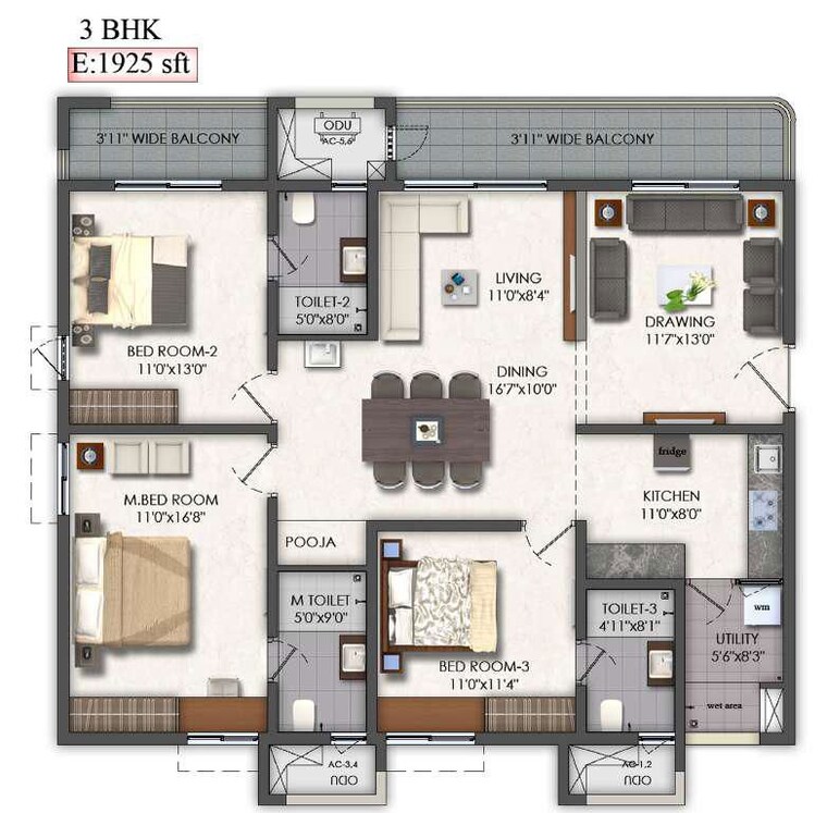Floor Plan, mallampet 2 Bedroom 1350 Sq.Ft. Apartment In Mallampet Hyderabad 10693168