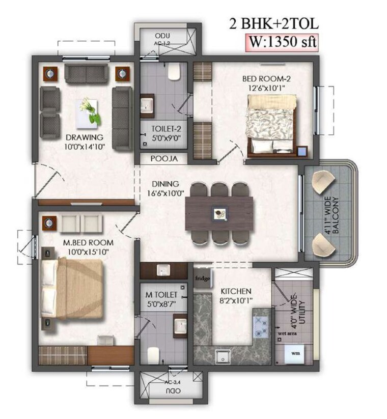 Floor Plan, mallampet 2 Bedroom 1350 Sq.Ft. Apartment In Mallampet Hyderabad 10693168