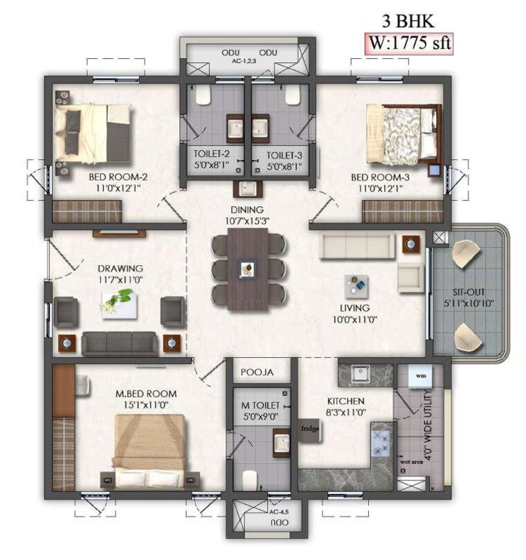 Floor Plan, mallampet 2 Bedroom 1350 Sq.Ft. Apartment In Mallampet Hyderabad 10693168