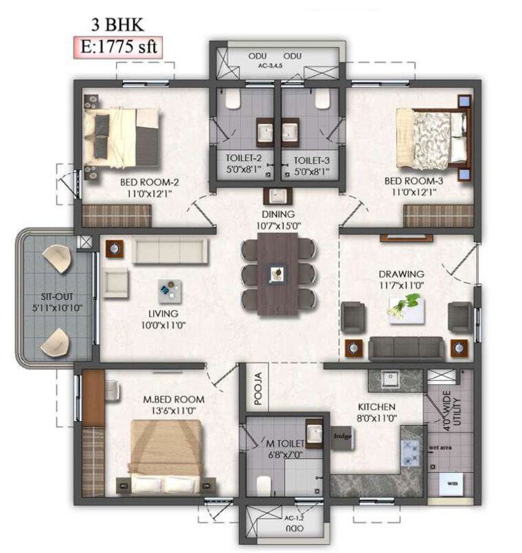 Floor Plan, mallampet 2 Bedroom 1350 Sq.Ft. Apartment In Mallampet Hyderabad 10693168
