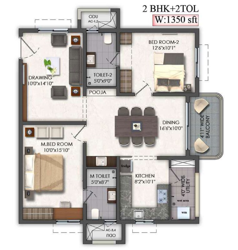 Floor Plan, mallampet 2 Bedroom 1350 Sq.Ft. Apartment In Mallampet Hyderabad 10693168