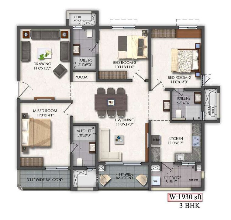 Floor Plan, mallampet 2 Bedroom 1350 Sq.Ft. Apartment In Mallampet Hyderabad 10693168