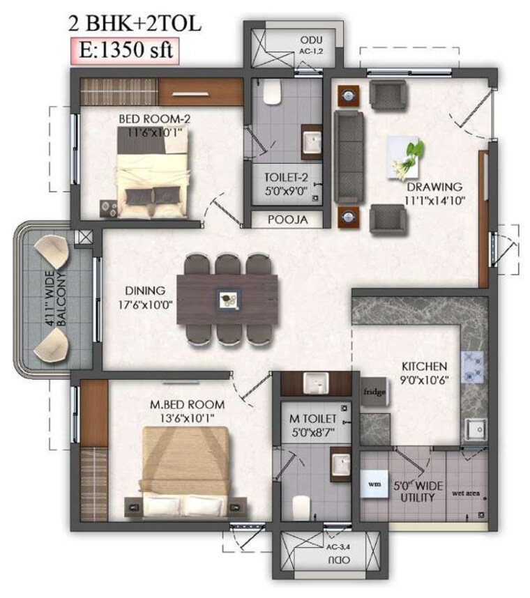 Floor Plan, mallampet 2 Bedroom 1350 Sq.Ft. Apartment In Mallampet Hyderabad 10693168