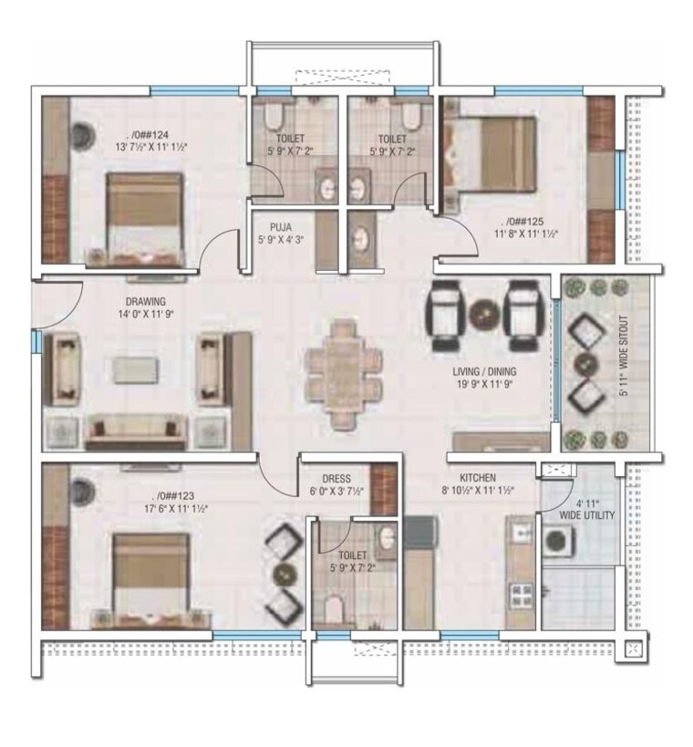 Floor Plan, my-home-avatar 3 Bedroom 1834 Sq.Ft. Apartment In Gachibowli Hyderabad 10694670