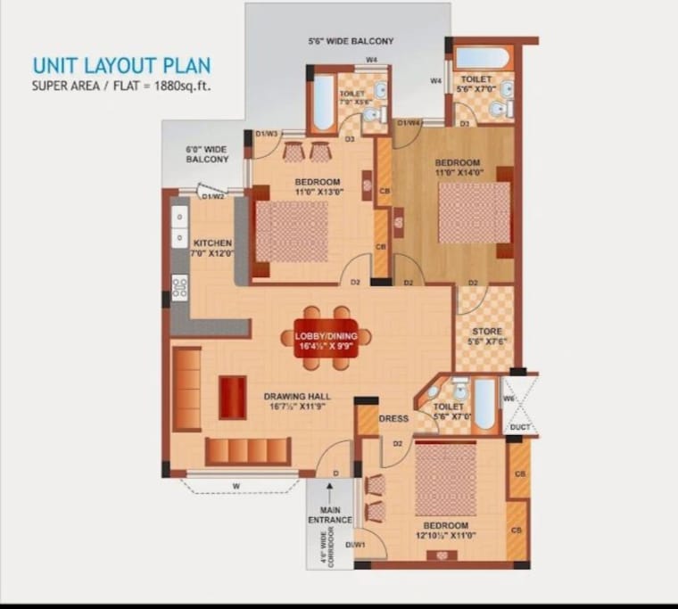Floor Plan, patiala road 3 Bedroom 1900 Sq.Ft. Apartment In Patiala Road Zirakpur 10700260