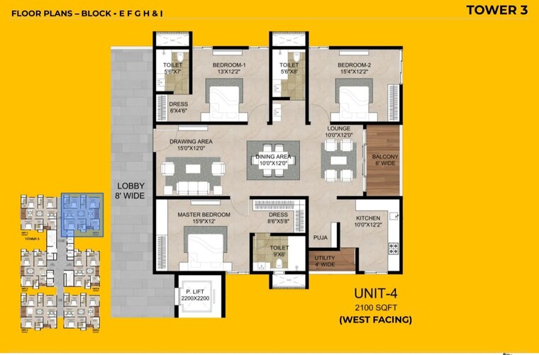 Floor Plan, kollur 3 Bedroom 3000 Sq.Ft. Apartment In Kollur Hyderabad 10701714