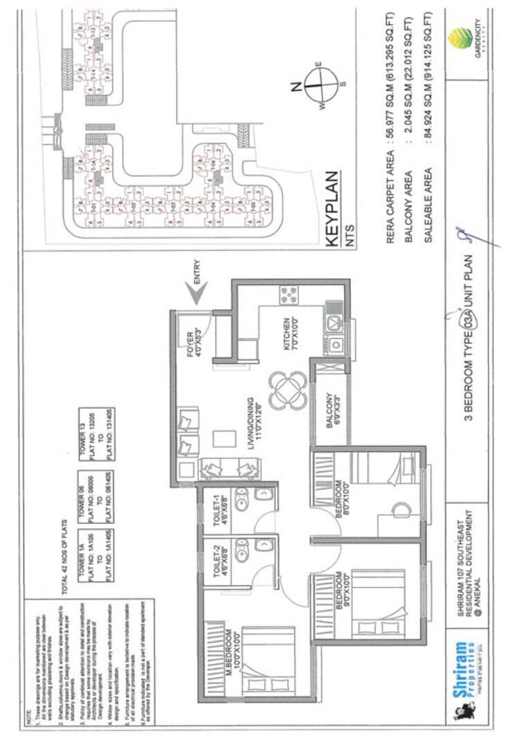 Floor Plan, shriram-107-south-east 3 Bedroom 914 Sq.Ft. Apartment In Attibele Bangalore 10666036