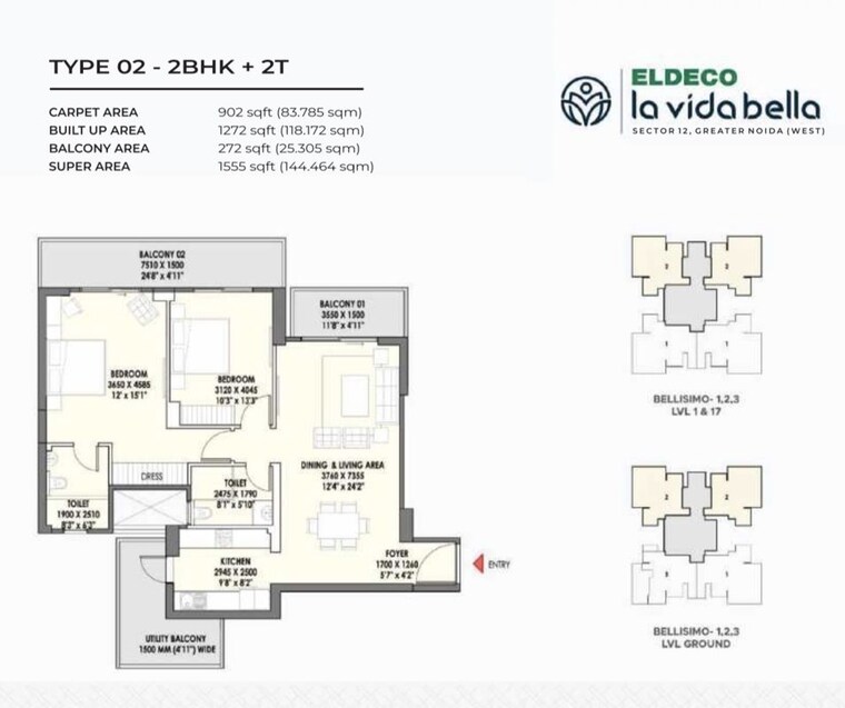 Floor Plan, eldeco-la-vida-bella 2 Bedroom 1555 Sq.Ft. Apartment In Sector 12 Greater Noida Greater Noida 10706286