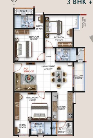 Floor Plan in 3 BHK Apartment at SBR One Residence, Whitefield – for Sale
