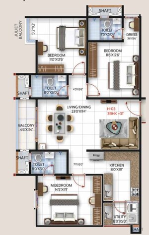 Floor Plan in 3 BHK Apartment at SBR One Residence, Whitefield – for Sale